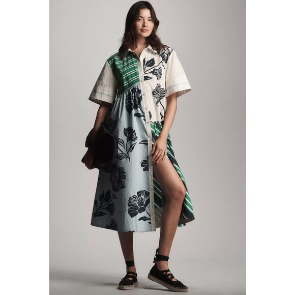 nwt ANTHROPOLOGIE MAEVE S Mixed Print Button Down Dress - Picture 1 of 4